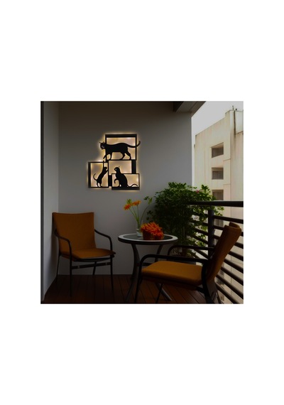 Led Işıklı Çerçeveli Kediler Dekoratif Tablo Balkon Duvar Dekorlu Gece Lambası Sarı - 737217534 Sarı