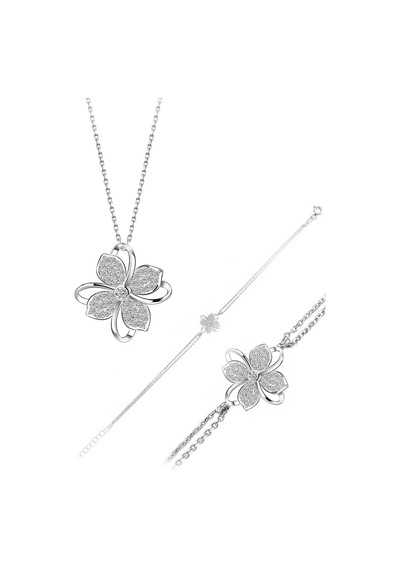 Brezza Lusso Jewelry Gümüş Zirkon Taşlı Dört Yapraklı Yonca Kadın Kolye Bileklik Set