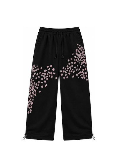 Zaee Sakura Nakışlı Baggy Ayarlanabilir Paça Eşofman Altı Siyah