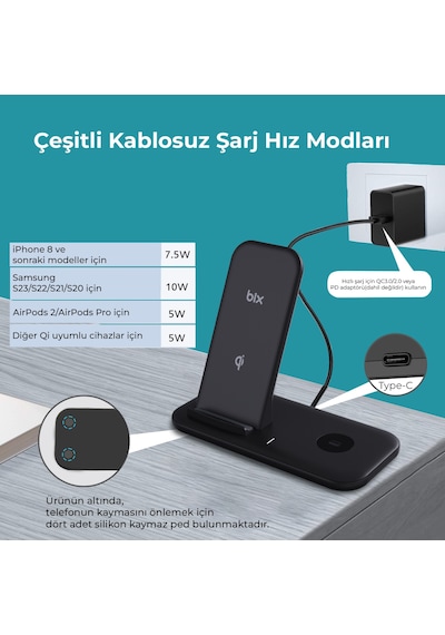 Bix Bxmw1 2'si 1 Arada 15w Qi Kablosuz Şarj Cihazı Standı Siyah