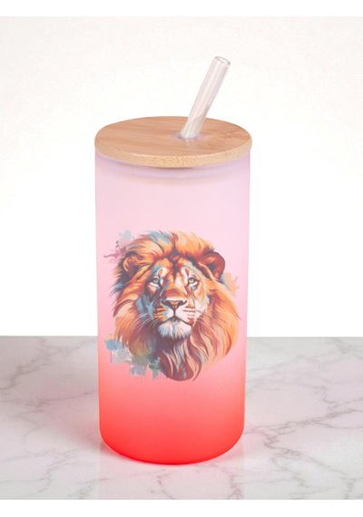 Modern Aslan Baskılı 600 Ml Cam Matara- Su Matarası, Suluk Matara, Cam Pipetli Matara Kırmızı