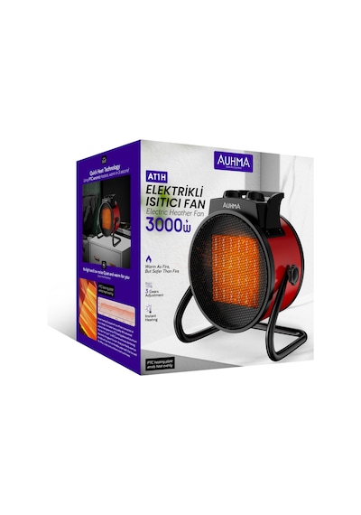 Auhma At1h Elektrikli Isıtıcı Fan Kırmızı 3000w Hızlı Isınma, 3 Kademeli Ayar, Sessiz Ptc Isıtma T