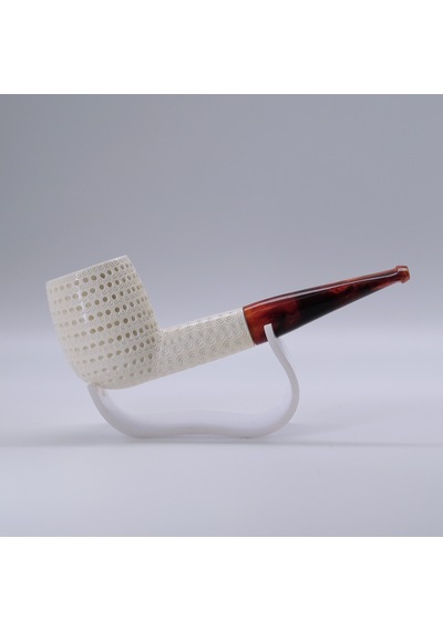 El Oyması Lületaşı Pipo Nokta İşlemeli Rustik Model, Kehribar Desenli Akrilik Ağızlık 14 Cm