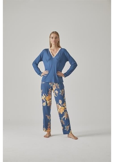 Relax Mode Kadın V Yaka Pijama Takımı - 10773 Mavi