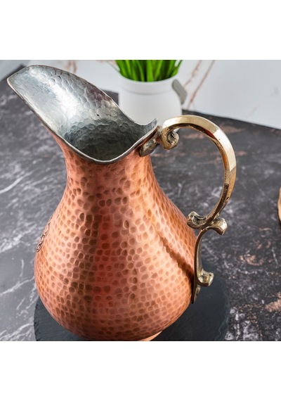 Gaziantep El Yapımı Bakır Sürahi 1800 Ml Osmanlı Motifli, Pirinç Kulplu, El Dövmesi Bakır Su Sürahisi