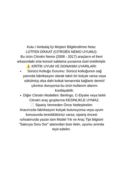 Citroen Nemo 2008 2009 2010 2011 2012 2013 2014 2015 2016 2017 Uyumlu Araca Özel Kolçak Kol Dayama Orta Konsol Siyah