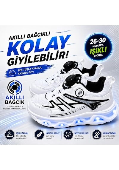 Promax Akıllı Bağcıklı Işıklı Çocuk Spor Ayakkabı Beyaz 26-30 Kolay Giyilebilir