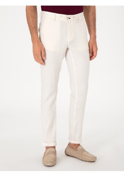 Cacharel Ekru Slim Fit Çizgili Keten Karışımlı Spor Pantolon Bej
