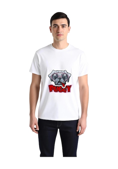 Paybuy Erkek Grafik Baskılı Köpek Karikatür Tişört %100 Pamuk Rahat Kesi Beyaz