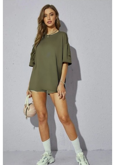 Flood Of Style Kadın Oversize Dökümlü Tok Kumaş Tişört Haki