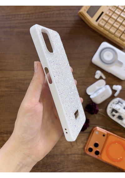 Samsung A06 Uyumlu Kadife İç Yüzey Tasarımlı Taşlı Işıltılı Parlak Pırlanta Kılıf Dia Plus Beyaz