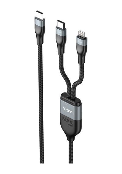 Duo Power 100W Çift Uçlu Type-C To Lightning + Type-C Şarj Kablosu Örgü Tasarım 1.2 Metre Siyah
