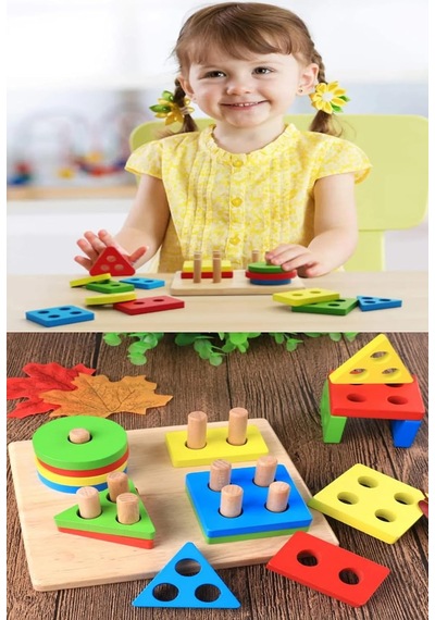 Hyd Ahşap Geometrik Şekiller Bultak Vidalama Yapboz Yerleştirme 2'li Eğitici Oyuncak Set