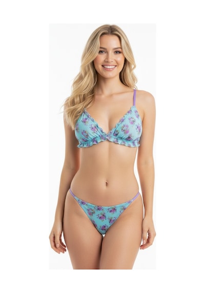 Bonbon Kadın Transparan Tül Fırfırlı Balensiz Desteksiz Sütyen Ve Transparan String Külot 2'li Takım Bb2271 Mavi