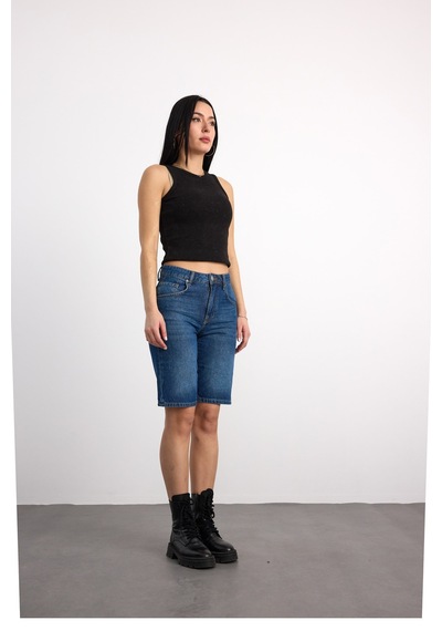 40392-73602 Kadın Wıde Leg Denim Bermuda 40392-73602 Koyu Mavi