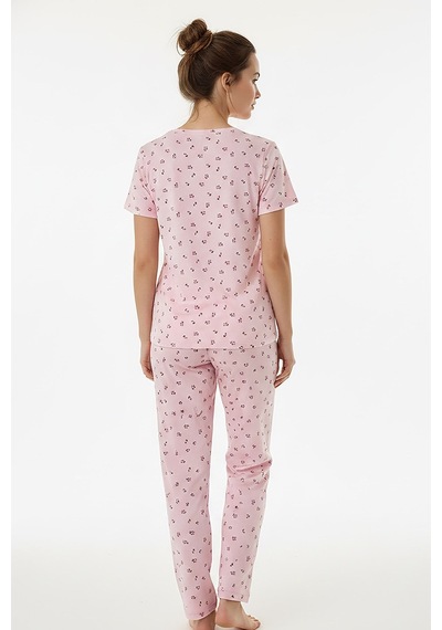 Kompedan Kadın Bisiklet Yaka Yumuşak Dokulu Çiçek Desenli Kısa Kol Pijama Takım Pembe 70132-267