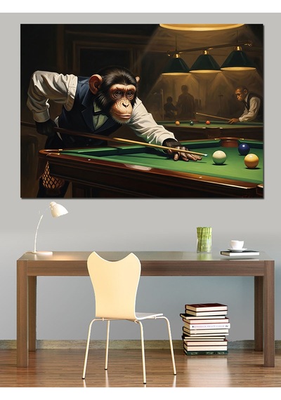 Ahşap Tablo Bilardo Oynayan Takım Elbiseli Maymun İnsan Figürlü Tablolar