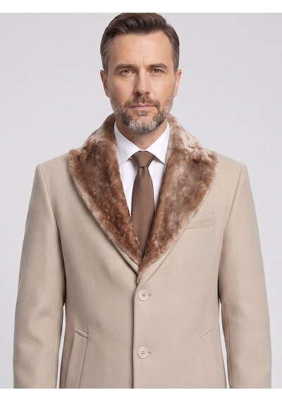 Plus Scorpion Erkek Uzun Kaşe Kaban Çıkartılabilir Kürk Yaka, Astarlı Ve Cepli Slim Fit Mont Bej