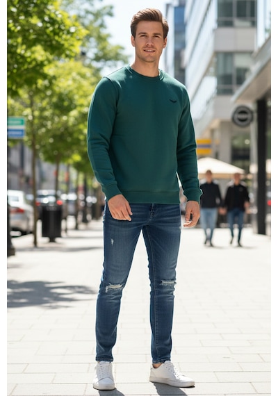 Remsa Erkek İçi Şardonlu Bisiklet Yaka Pamuklu Sweatshirt 0319 Zümrüt Yeşil Zümrüt