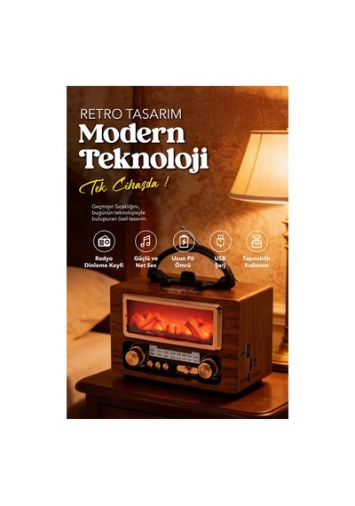 Nostaljik Radyo Şömine Görünümlü Müzik Kutusu Retro Ahşap -bluetooth Hoparlör Speaker & Usb Destekli Ns-901bt