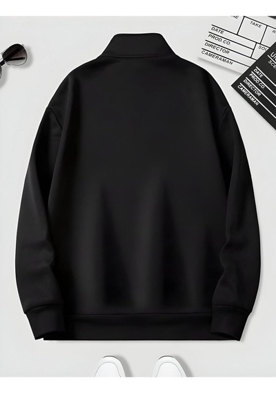 Harmandar Siyah Erkek Baskısız Dik Yaka Yarım Fermuarlı Düz Kazak Sweatshirt Siyah