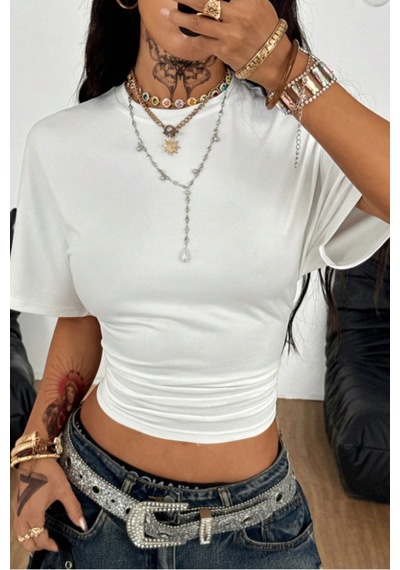 Kadın Kısa Kollu Crop Tişört Bisiklet Yaka, Slim Fit, Günlük & Şık Basic T-shirt Beyaz
