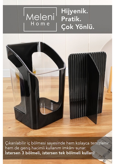 3 Bölmeli Tezgah Üstü Kaşıklık - Çıkarılabilir Bölmeli Kaşık Bıçak Standı Mutfak Organizer Siyah