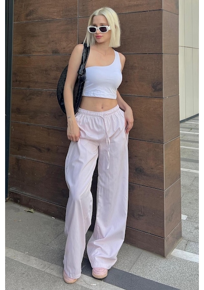 Madmext Pembe Beli Ayarlanabilir Bol Paça Dökümlü Çizgili Pantolon Mg2087-pembe Pembe