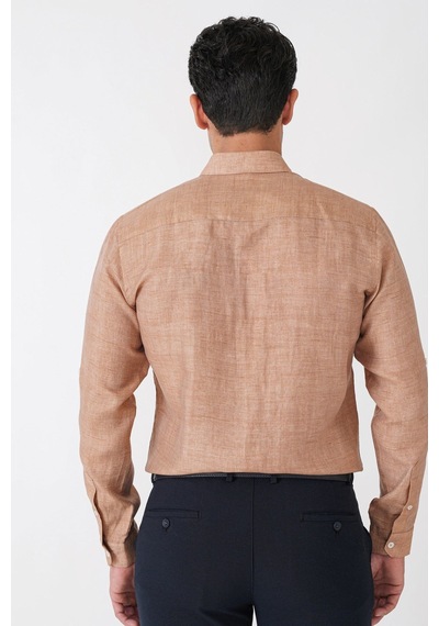 Comfort Fit Spor Yaka Kolu Katlanabilir Caramel Keten Gömlek G 1612