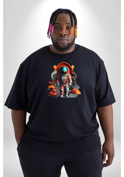 Angemiel Astronot Yapay Zeka Yürüyüş Siyah Büyük Beden Erkek Kadın Unisex Basic Ön Baskılı Tişört Siyah