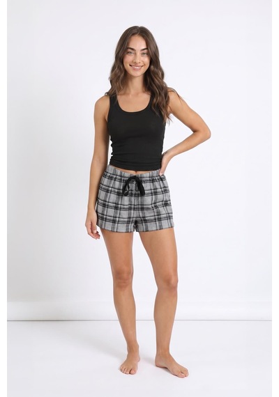 Markapia Kadın %100 Pamuk Ekose Desenli Bağcıklı Pijama Şort Gri