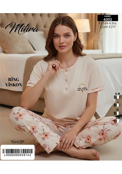 Mihra Kadın Ring Viskon Düğmeli Yaka Kısa Kol Likralı Pijama Takımı 40112b - 1 Adet Bej