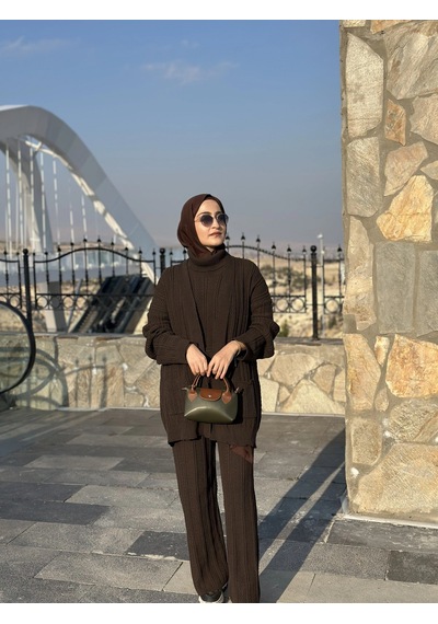 Olla Collection Üçlü Triko Takım Kahverengi Kahverengi