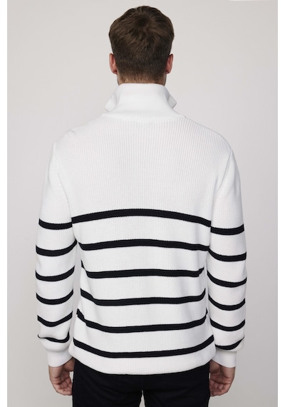 Tudors Erkek Slim Fit Fermuarlı Dik Yaka Çizgili Pamuklu Triko Kazak-27796 Çok Renkli