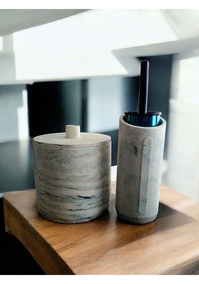 Mermer Desen Yeşil Renk Beton Çöp Kovası Ve Fırçalık Gri