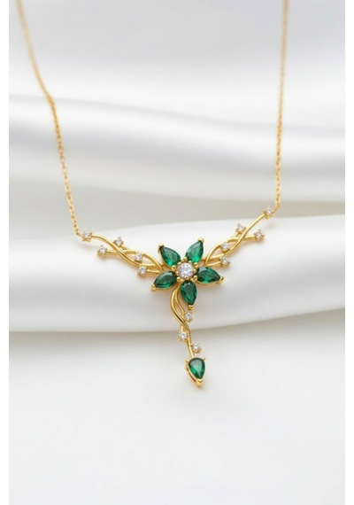 Çekirdekjewelry 925 Ayar Gümüş Zümrüt Taşlı Sarmaşık Kolye Gold
