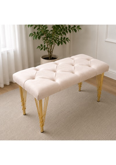 90cm Yeni Nesil Metal Gold Ayaklı Çok Amaçlı Puf Bench Krem
