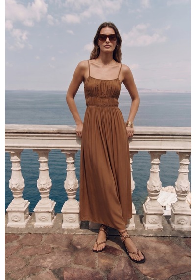 Sateen Askılı Uzun Elbise - Kahve-137493