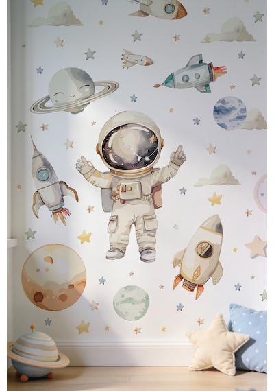 Uzay Temalı Duvar Sticker Seti 165 Parça Astronot, Roket, Gezegen Çocuk Odası Duvar Büyük Boy Dijital Baskı