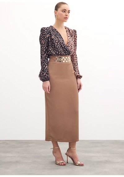 Sateen Gold Aksesuarlı Uzun Etek - Vizon-135889 Vizon