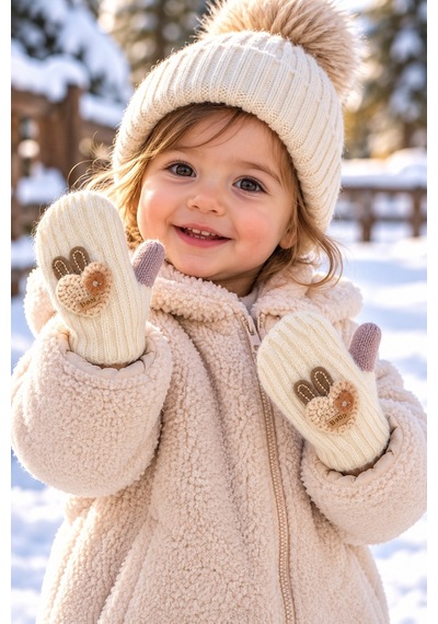 Miniko Kids Kitti 26210-01 Kız 1-3 Tek Parmak Triko Eldiven Krem