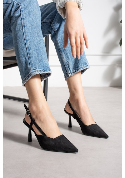 Dabab Shoes Snape Kadın Siyah Yılan Desenli Sivri Burun 7 Cm Topuklu Slingback Ayakkabı