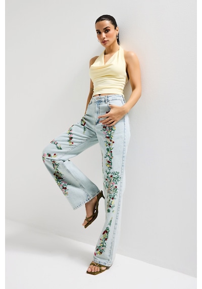 Itsbasic Kadın Kot Rengi 3s6-75 Straight Fit Çiçek Nakışlı Özel Tasarım Denim Jean Mavi