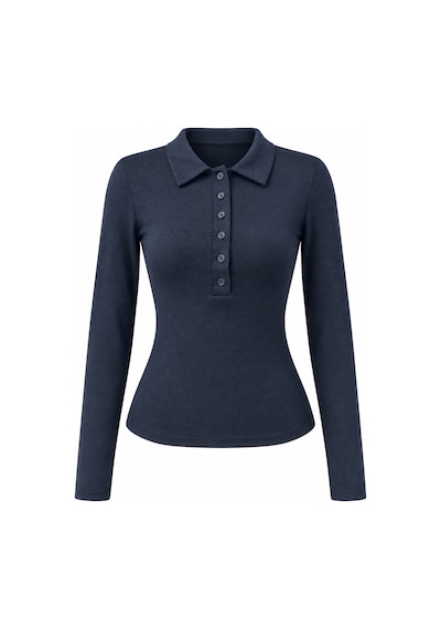 Mixray 2246 Kadın Polo Yaka Düğmeli Uzun Kollu Slim Fit Bluz Lacivert