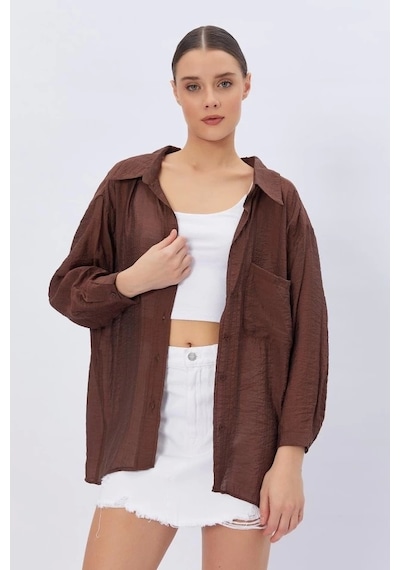 Defymoda Cepli Oversize Gömlek - Kahve Kahve
