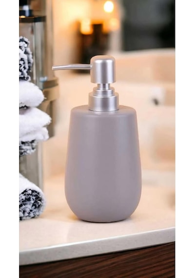 Stone Lüks Camsı Mat Seramik Banyo Mutfak Sıvı Sabunluk Bulaşık Deterjanlık Gümüş Silver Kapak Gri