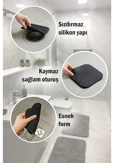 Siyah Uzun Ve Siyah Kare Silikon Gider Kapağı 2'li Set Koku Önleyici Banyo Mutfak Gider Tıkacı