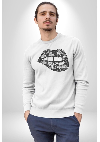 Ay Yıldız Dudak Bulut Dövme Unisex Beyaz Baskılı Sweatshirt Beyaz