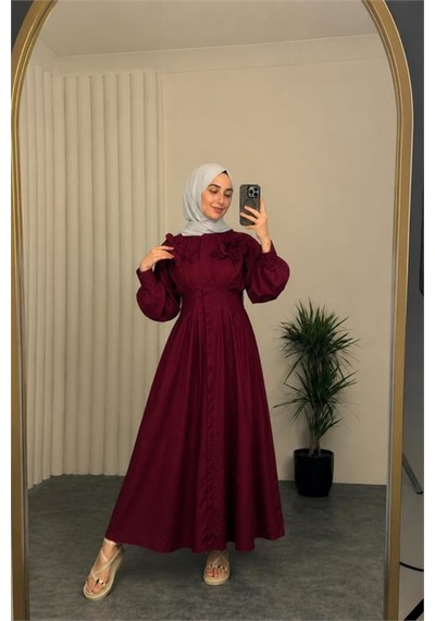 Neşeli Butik Kadın Bordo Belden Oturtmalı Çiçek Detaylı Premium Tesettür Elbise Nbvq4933