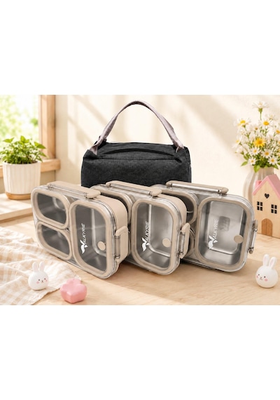 Valkyrie 304 Paslanmaz Çelik 3 Bölmeli Lunch Box Termal Çantalı Sızdırmaz Kapaklı Beslenme Kabı Açık Kahve